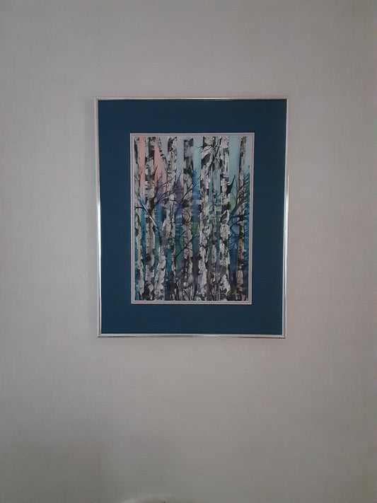 "Birch Trees over Pink and Blue" O#350  - Framed original painting